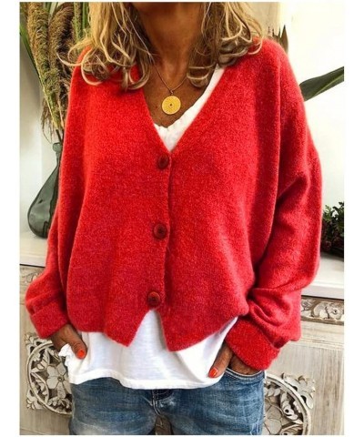 Cropped Cardigan Sweaters for Women Crochet Knit Shrug Open Front Cardigan Long Sleeve V-Neck Button Down Knit Tops A5-red $1...