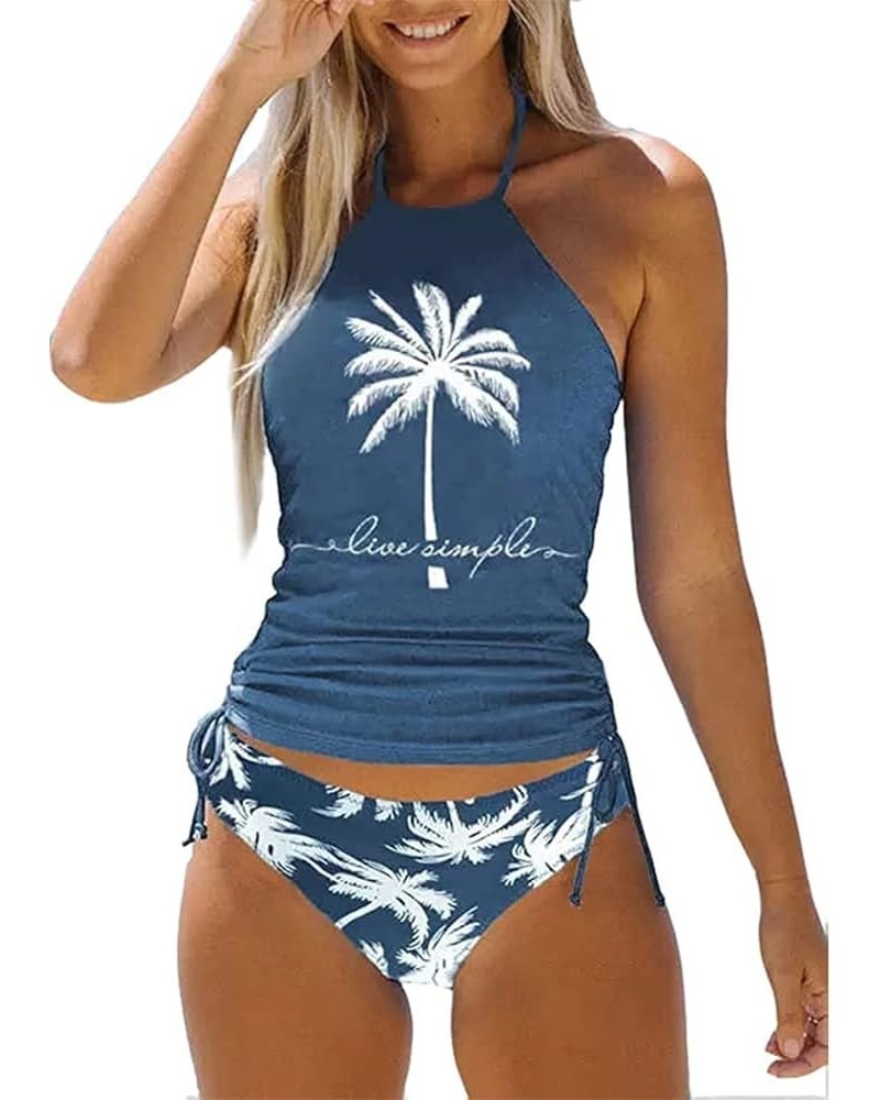 Women's Live Simple Coconut Tree Tankini Set Sexy Halter Neck Backless Swimsuit Drawstring Side Bathing Suit Blue $11.66 Swim...