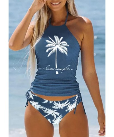 Women's Live Simple Coconut Tree Tankini Set Sexy Halter Neck Backless Swimsuit Drawstring Side Bathing Suit Blue $11.66 Swim...