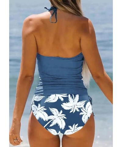 Women's Live Simple Coconut Tree Tankini Set Sexy Halter Neck Backless Swimsuit Drawstring Side Bathing Suit Blue $11.66 Swim...