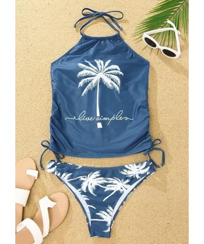 Women's Live Simple Coconut Tree Tankini Set Sexy Halter Neck Backless Swimsuit Drawstring Side Bathing Suit Blue $11.66 Swim...