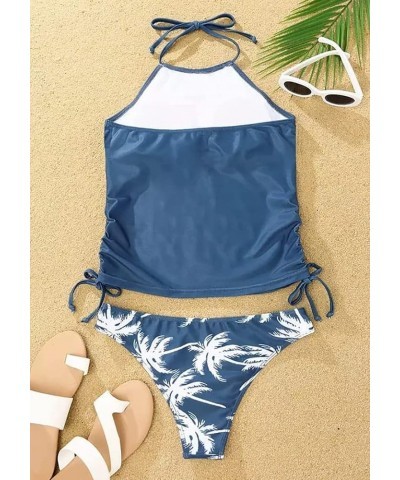 Women's Live Simple Coconut Tree Tankini Set Sexy Halter Neck Backless Swimsuit Drawstring Side Bathing Suit Blue $11.66 Swim...