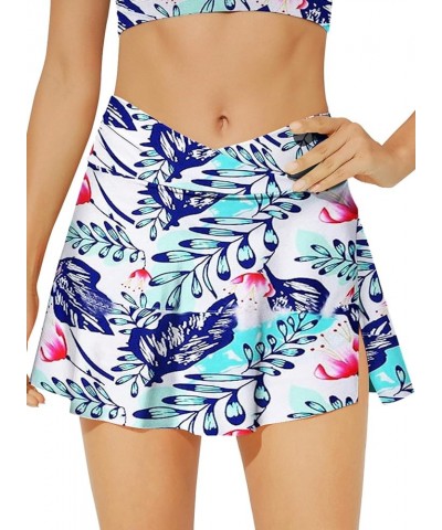 Women's High Waisted Swim Skirt Tummy Control Ruched Bikini Bottoms Blue Printed $15.53 Swimsuits