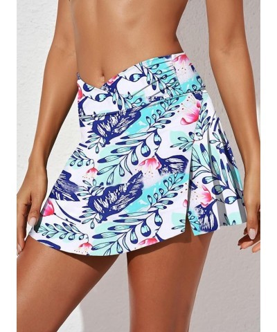 Women's High Waisted Swim Skirt Tummy Control Ruched Bikini Bottoms Blue Printed $15.53 Swimsuits