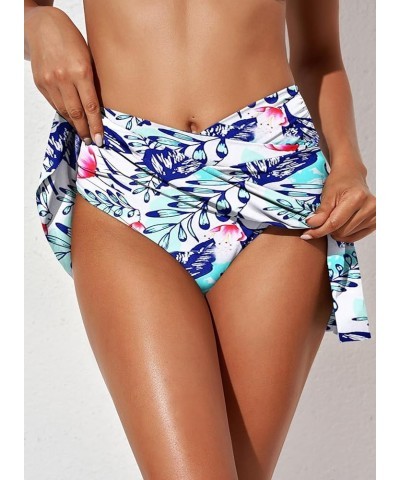 Women's High Waisted Swim Skirt Tummy Control Ruched Bikini Bottoms Blue Printed $15.53 Swimsuits