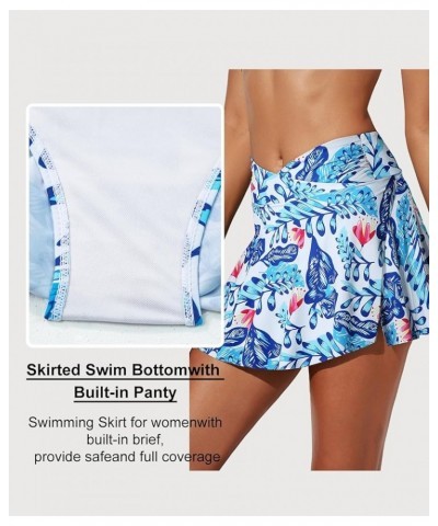 Women's High Waisted Swim Skirt Tummy Control Ruched Bikini Bottoms Blue Printed $15.53 Swimsuits