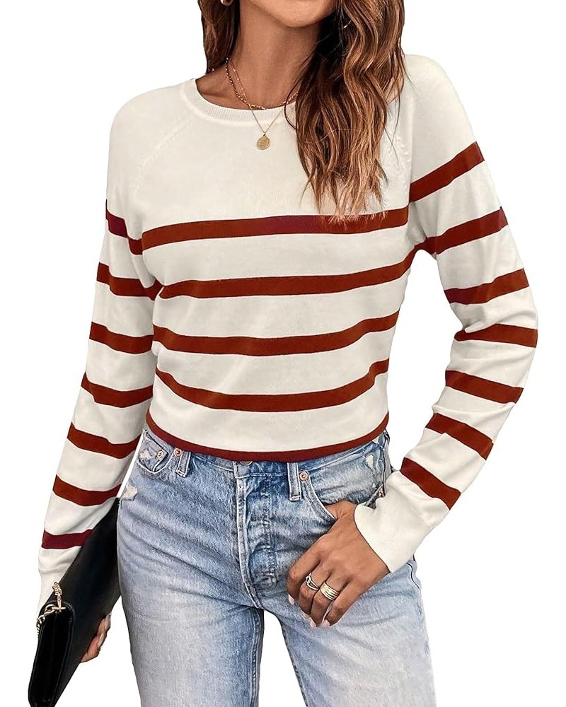 Women's Casual Round Neck Striped Top Raglan Long Sleeve Soft Knit Pullover Sweater Red $14.78 Sweaters