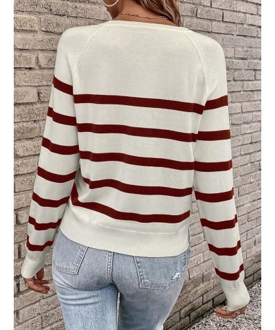 Women's Casual Round Neck Striped Top Raglan Long Sleeve Soft Knit Pullover Sweater Red $14.78 Sweaters