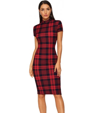 Women's Short Sleeve Gingham Bodycon Business Pencil Dress Red Plaid $20.16 Dresses