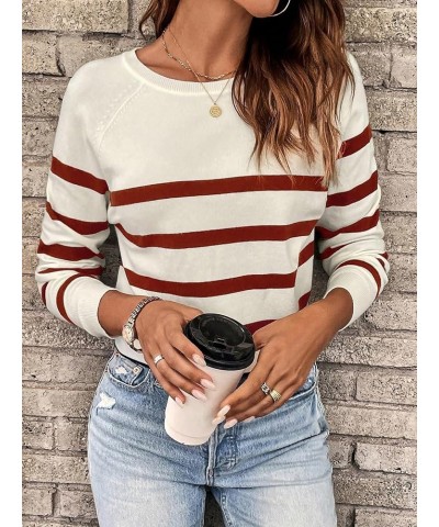 Women's Casual Round Neck Striped Top Raglan Long Sleeve Soft Knit Pullover Sweater Red $14.78 Sweaters