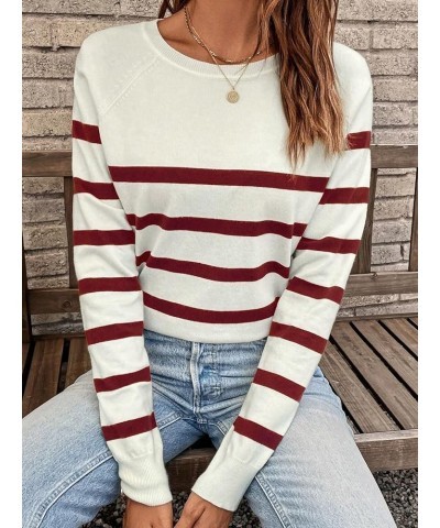 Women's Casual Round Neck Striped Top Raglan Long Sleeve Soft Knit Pullover Sweater Red $14.78 Sweaters