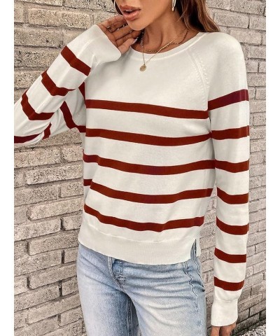 Women's Casual Round Neck Striped Top Raglan Long Sleeve Soft Knit Pullover Sweater Red $14.78 Sweaters