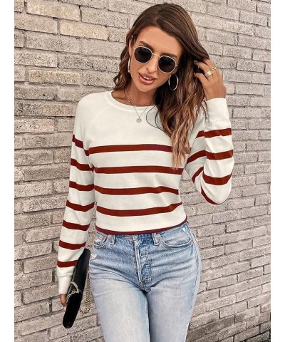 Women's Casual Round Neck Striped Top Raglan Long Sleeve Soft Knit Pullover Sweater Red $14.78 Sweaters