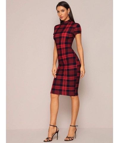 Women's Short Sleeve Gingham Bodycon Business Pencil Dress Red Plaid $20.16 Dresses