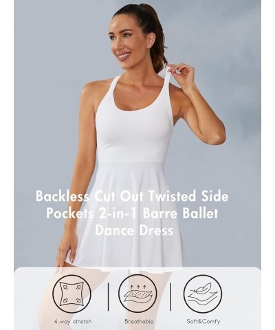 Tennis Dress with Built-in Bra & Shorts Backless Cut Out Twisted Side Pocket 2-in-1 Barre Ballet Dance Dress White $23.79 Act...