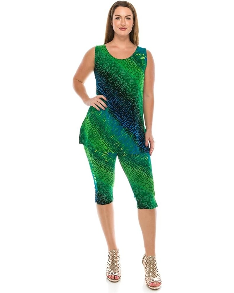 Women's 2 Piece Set – Stretchy Sleeveless Tank Top and Capri Pants with Side Slit Casual Outfit W182 Green $28.50 Suits