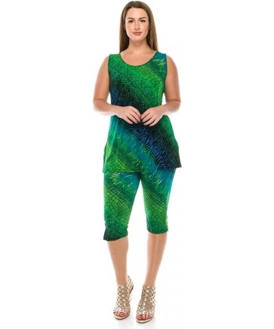 Women's 2 Piece Set – Stretchy Sleeveless Tank Top and Capri Pants with Side Slit Casual Outfit W182 Green $28.50 Suits