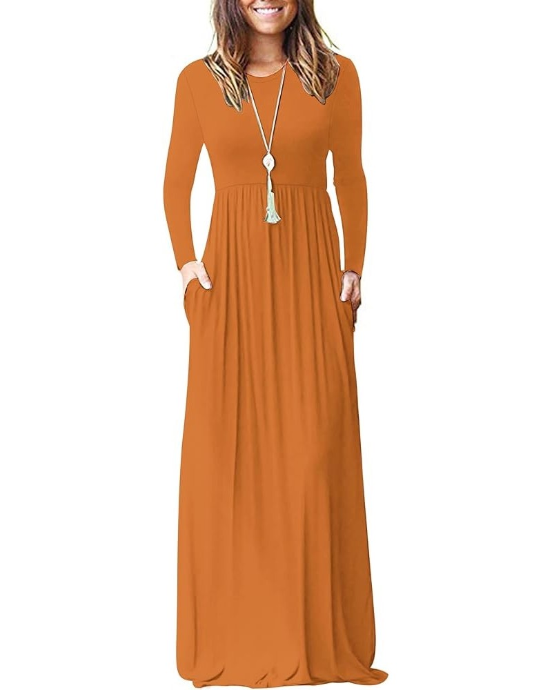 Women Long Sleeve Loose Plain Maxi Dresses Casual Long Dresses with Pockets 01-caramel $19.92 Dresses