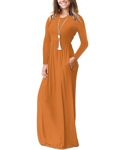 Women Long Sleeve Loose Plain Maxi Dresses Casual Long Dresses with Pockets 01-caramel $19.92 Dresses