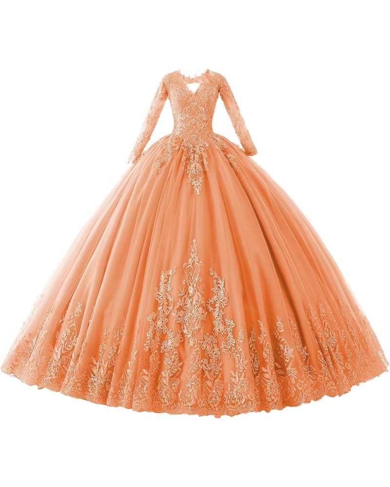 Juniors' Long Sleeve Quinceanera Dresses V Neck Puffy Ball Gown Sweet 16 Lace Prom Dresses for Teens Orange $43.23 Dresses