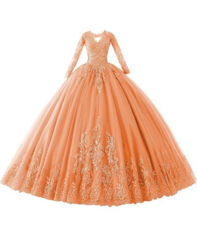 Juniors' Long Sleeve Quinceanera Dresses V Neck Puffy Ball Gown Sweet 16 Lace Prom Dresses for Teens Orange $43.23 Dresses