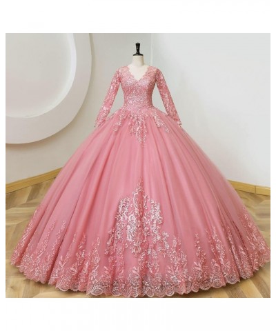 Juniors' Long Sleeve Quinceanera Dresses V Neck Puffy Ball Gown Sweet 16 Lace Prom Dresses for Teens Orange $43.23 Dresses