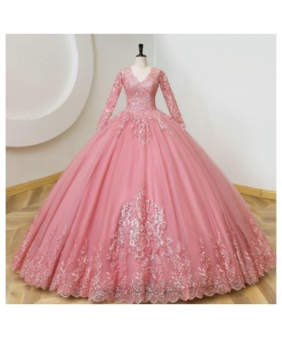 Juniors' Long Sleeve Quinceanera Dresses V Neck Puffy Ball Gown Sweet 16 Lace Prom Dresses for Teens Orange $43.23 Dresses