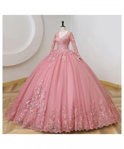 Juniors' Long Sleeve Quinceanera Dresses V Neck Puffy Ball Gown Sweet 16 Lace Prom Dresses for Teens Orange $43.23 Dresses