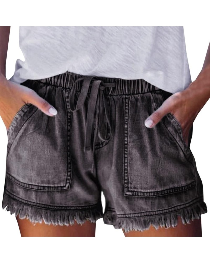 Womens Denim Shorts Teen Girls Casual Summer Mid Rise Stretchy Ripped Cuffed Hem Tassels Jean Shorts with Pockets Z94-dark Gr...