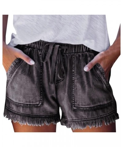 Womens Denim Shorts Teen Girls Casual Summer Mid Rise Stretchy Ripped Cuffed Hem Tassels Jean Shorts with Pockets Z94-dark Gr...