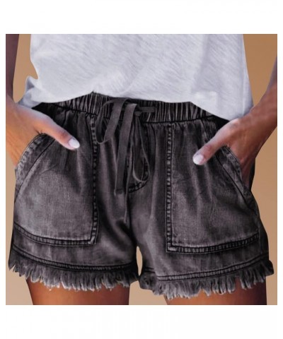 Womens Denim Shorts Teen Girls Casual Summer Mid Rise Stretchy Ripped Cuffed Hem Tassels Jean Shorts with Pockets Z94-dark Gr...