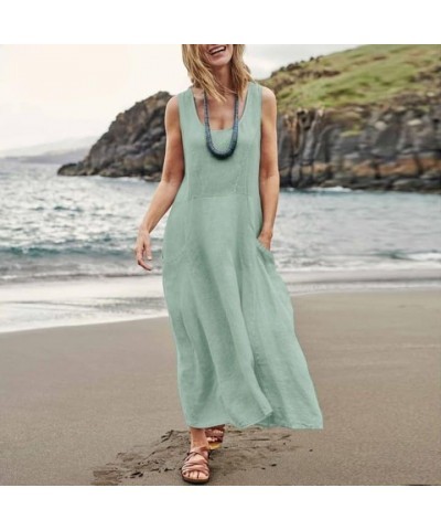 Linen Dress for Women Summer Sleeveless Solid Casual Baggy Flowy Maxi Dresses with Pockets Green Linen Dress $19.03 Dresses