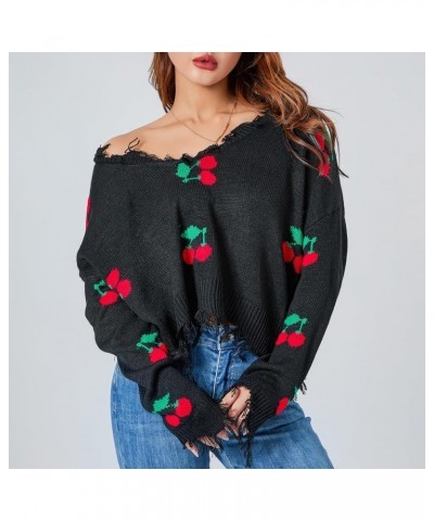 Women's Long Sleeve Sweaters Knit U Neck Cherry/Plaid Tasseled Crop Sweater Fall Casual Pullover Tops Outwear Black $12.09 Sw...