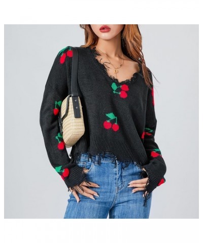 Women's Long Sleeve Sweaters Knit U Neck Cherry/Plaid Tasseled Crop Sweater Fall Casual Pullover Tops Outwear Black $12.09 Sw...