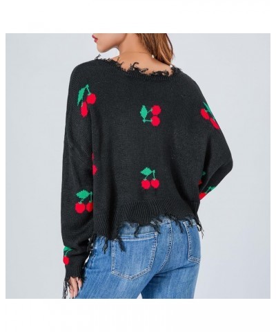 Women's Long Sleeve Sweaters Knit U Neck Cherry/Plaid Tasseled Crop Sweater Fall Casual Pullover Tops Outwear Black $12.09 Sw...