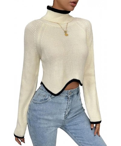 Women's Turtleneck Contrast Trim Long Sleeve Cropped Sweater Knitted Pullover Tops Beige $18.54 Sweaters