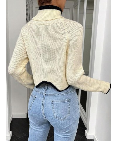 Women's Turtleneck Contrast Trim Long Sleeve Cropped Sweater Knitted Pullover Tops Beige $18.54 Sweaters