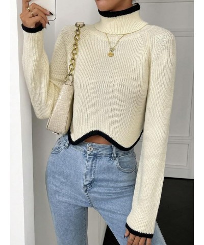 Women's Turtleneck Contrast Trim Long Sleeve Cropped Sweater Knitted Pullover Tops Beige $18.54 Sweaters