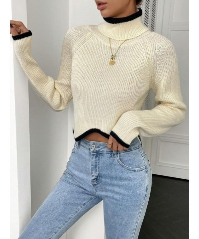 Women's Turtleneck Contrast Trim Long Sleeve Cropped Sweater Knitted Pullover Tops Beige $18.54 Sweaters