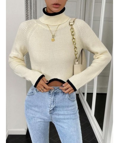 Women's Turtleneck Contrast Trim Long Sleeve Cropped Sweater Knitted Pullover Tops Beige $18.54 Sweaters