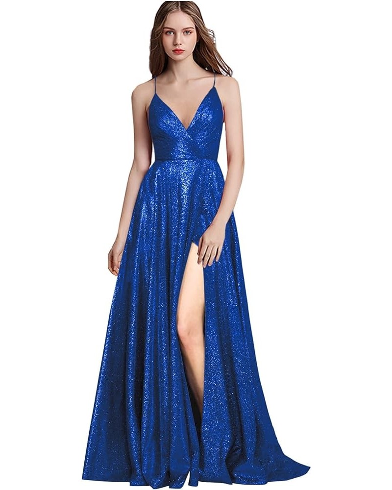 Prom Dresses Long Mermaid with Pockets V Neck Formal Evening Ball Gowns Side Slit Glitter Party Dress Royal Blue $52.80 Dresses