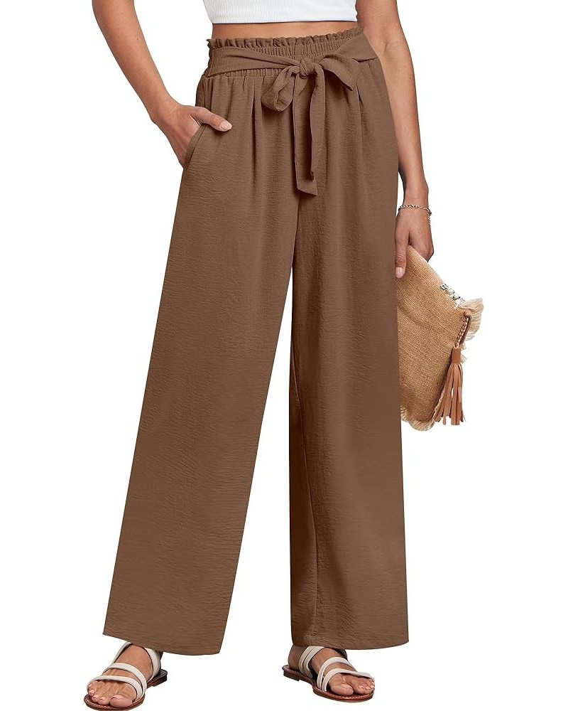 Women Wide Leg Palazzo Pants High Waist Tie Knot Lightweight Dressy Boho Lounge Pants Trousers Brown $18.19 Pants