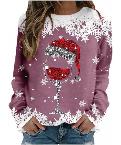 Women’s Christmas Shirts Rhinestone Wine Glass Print Cute Long Sleeve Tops Crewneck Funny Holiday Outfits 2023 35 Pink $9.46 ...