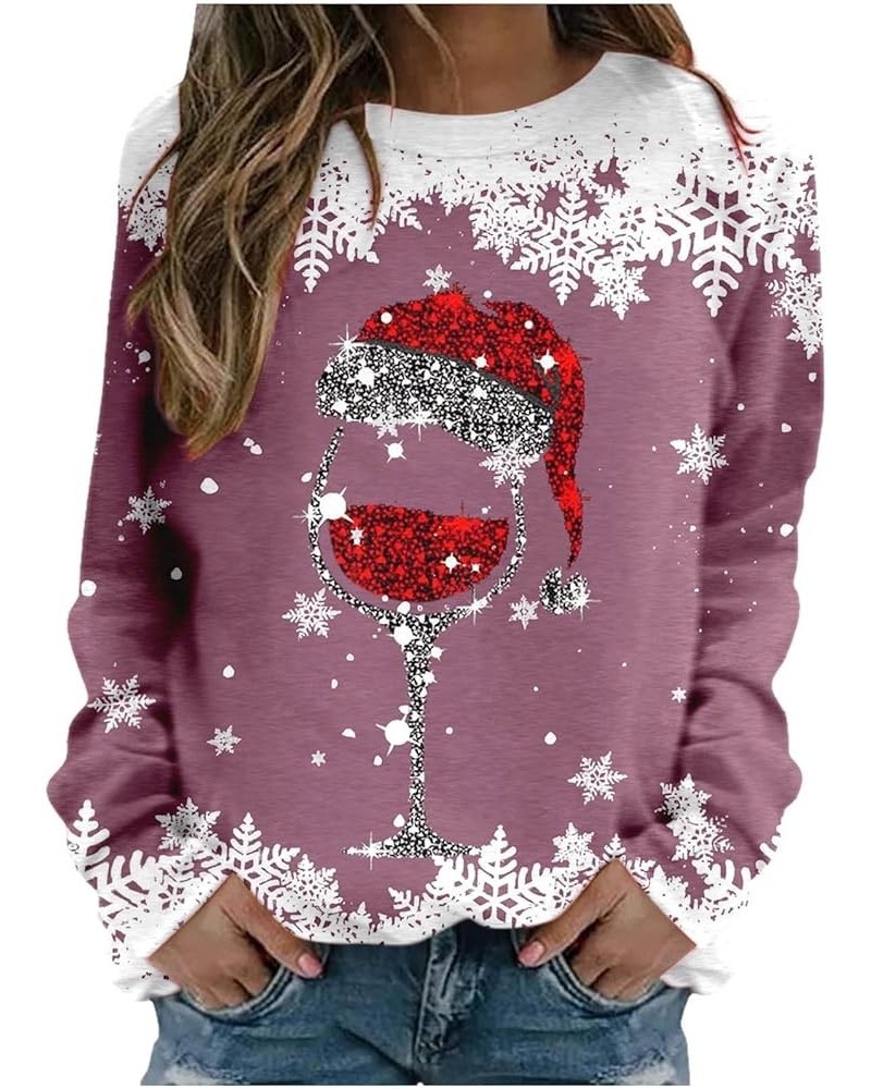 Women’s Christmas Shirts Rhinestone Wine Glass Print Cute Long Sleeve Tops Crewneck Funny Holiday Outfits 2023 35 Pink $9.46 ...