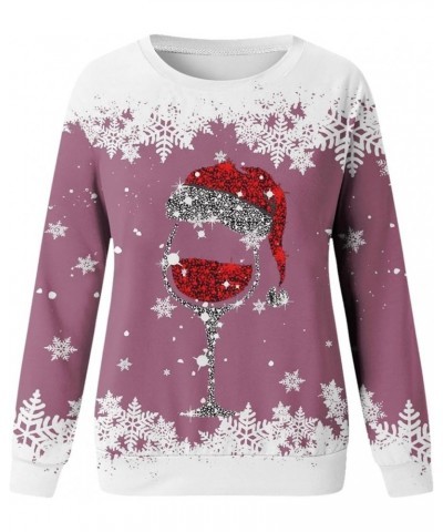 Women’s Christmas Shirts Rhinestone Wine Glass Print Cute Long Sleeve Tops Crewneck Funny Holiday Outfits 2023 35 Pink $9.46 ...