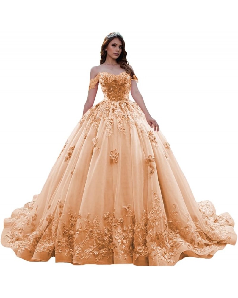 Sweetheart Tulle Quinceanera Dresses for Women Off The Shoulder Ball Gown with Train Lace Beaed Sweet 15 16 Dress Peach $51.8...