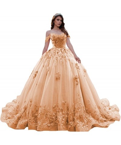 Sweetheart Tulle Quinceanera Dresses for Women Off The Shoulder Ball Gown with Train Lace Beaed Sweet 15 16 Dress Peach $51.8...