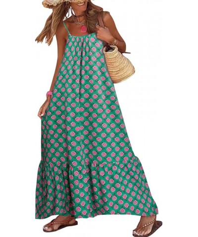 Women Bohemian Floral Print Maxi Dress Spaghetti Strap Backless Flowy Midi Long Dress Smocked Beach Sundress Dark Green $10.9...