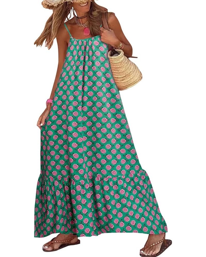 Women Bohemian Floral Print Maxi Dress Spaghetti Strap Backless Flowy Midi Long Dress Smocked Beach Sundress Dark Green $10.9...