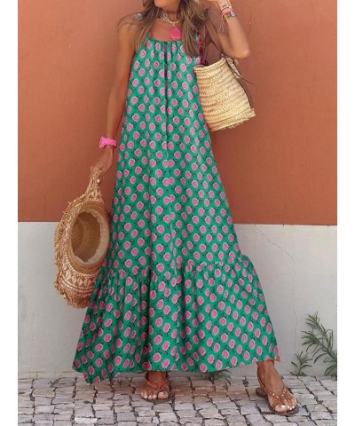 Women Bohemian Floral Print Maxi Dress Spaghetti Strap Backless Flowy Midi Long Dress Smocked Beach Sundress Dark Green $10.9...